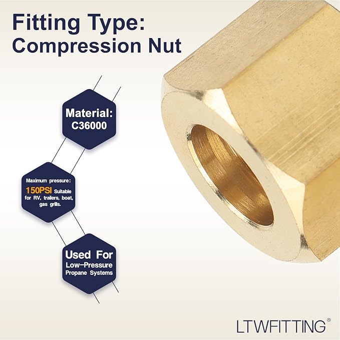 LTWFITTING 5/16-Inch Brass Compression Nut,Brass Compression Fitting(Pack of 25)
