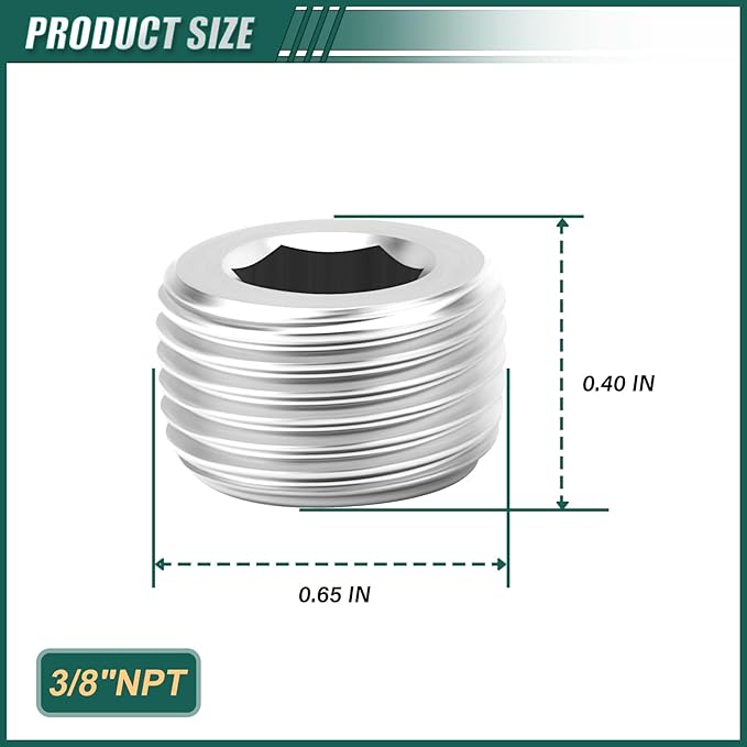10PCS 304 Stainless Steel Internal Hex Thread Socket Pipe Plug Fitting, 3/8" NPT Male, for Fuel/Airl/Water/Gas/Oil