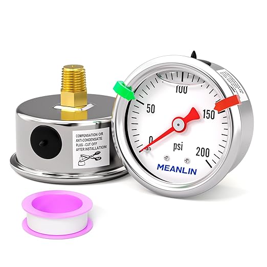 MEANLIN MEASURE 0~200Psi Pressure Gauge, Glycerin Filled 1/8" NPT 1.5" FACE DIAL, Stainless Steel Liquid Filled Pressure Gauge WOG Water Oil Air Back Mount (with 2PCS Snaps)