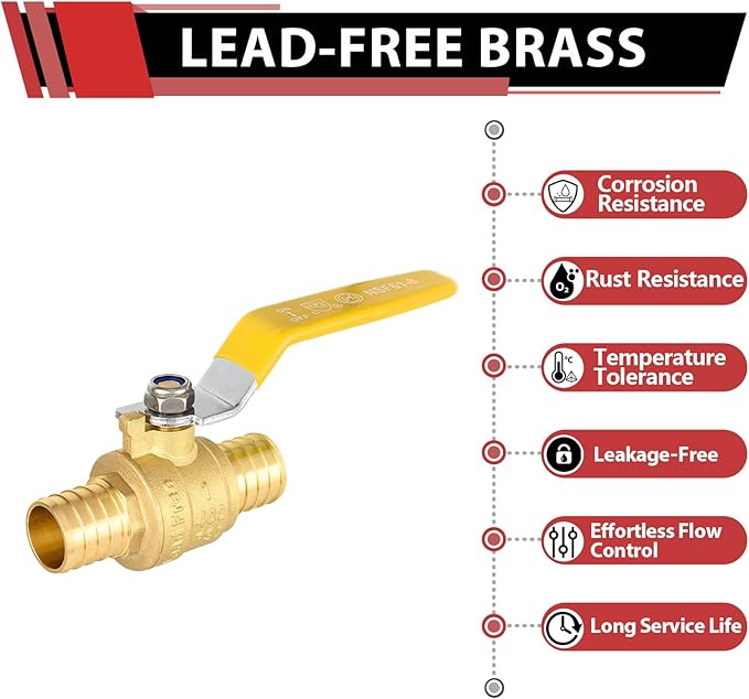 5-Pack EFIELD 1-Inch Pex Crimp Brass Full Port Shut-off Ball Valve, Yellow Level,(VALVE020-5PCS)