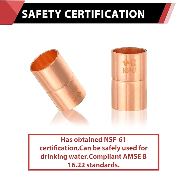 Pro 50 Pack EFIELD 1/2" X 1/2" Copper Coupling With Stop, LF Copper Plumbing Fittings with Sweat Solder Connection,(COPPER001)