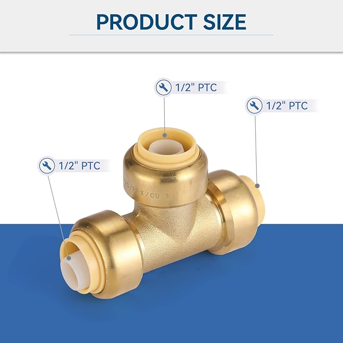 1/2" Pushfit Tee,50 Pack PEX Brass Push-fit Tee with 1 Pack Disconnect Clip, Push-to-Connect Plumbing Fittings for PEX, Copper, CPVC(PF118-50Pack)