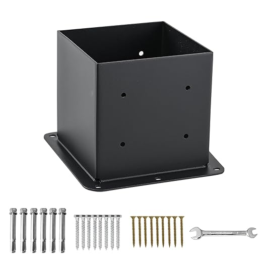 6x6 Post Base 4 Pcs, (Inner Size 5.6x5.6) Post Anchors, 13GA Thick Solid Steel & Black Powder Coated,Deck Post Brackets Support Deck Base Plate Pergola Brackets Fence Kit