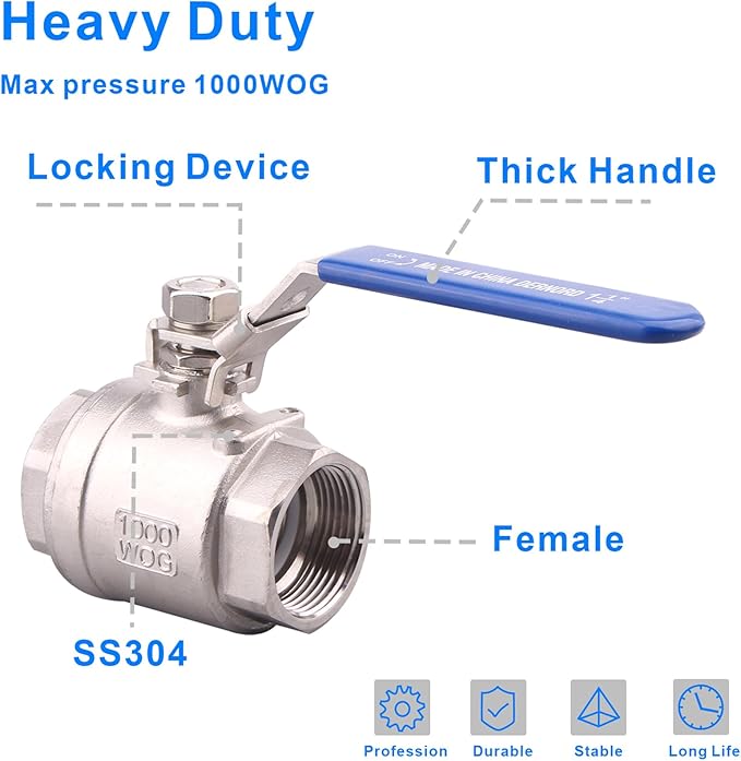 DERNORD 2 Pack Stainless Steel 304 Ball Valve, Full Port Heavy Duty for WOG with Locking Device (1-1/4" NPT)