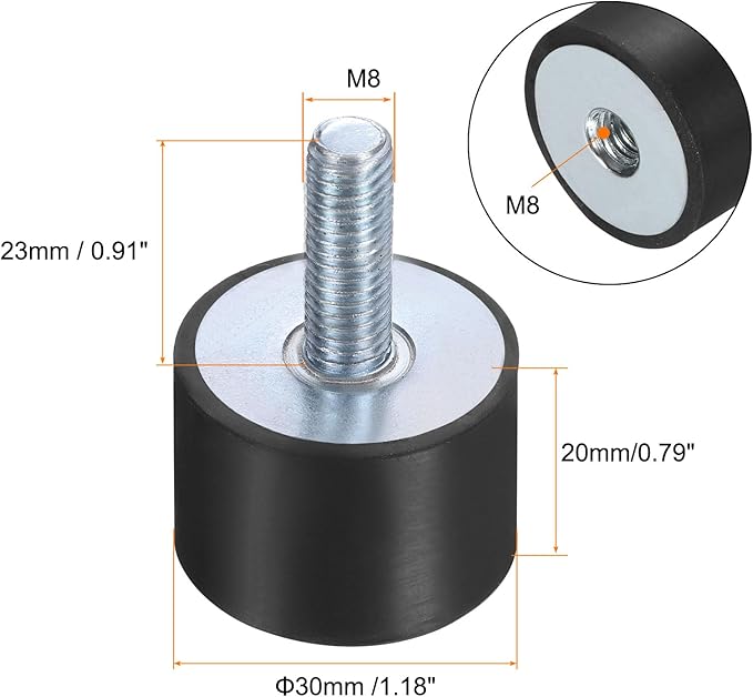 uxcell 6pcs M8x23mm Rubber Isolator Mounts with Studs 30x20mm Male Female Vibration Shock Absorber Zinc Plated Cylindrical Thread Mounts Anti Vibration Isolators with 6pcs M8 Lock Nuts
