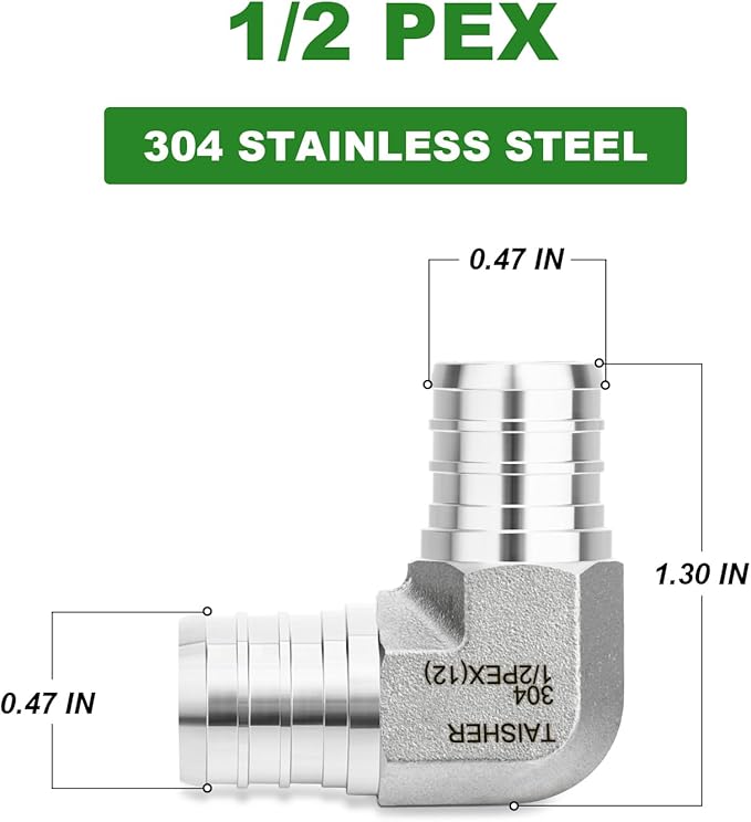TAISHER 1PCS 304 Stainless Steel 90 Degree Elbow Pex Fittings, 1/2" Pex Fitting With 2PCS Hose Clamp For Tubing Pipe