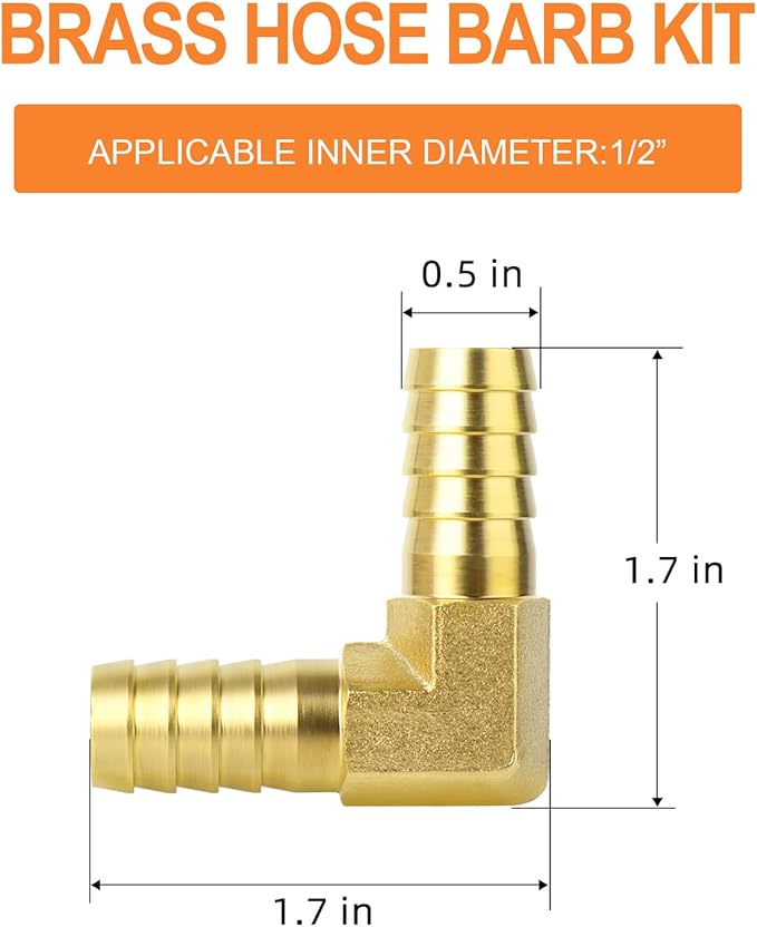 GASHER 2 Pieces Brass Hose Barb Reducer, 1/2 Inch to 1/2 Inch Hose ID 90 Degree L Right Angle Elbow with 4 Hose Clamps, Brass Barb Reducer SPLICER Fitting Fuel/AIR/Water/Oil/Gas/WOG