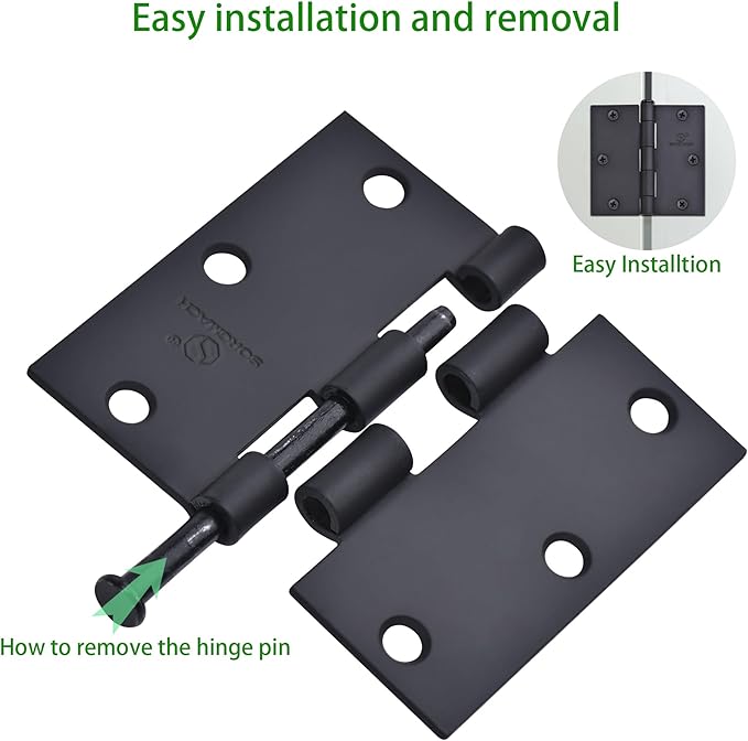 Door Hinge 3 1/2 Inch Interior Door Hinges Matte Black 3.5 Inch Interior Hinges Flat Iron Hinge 3 ½"x 3 ½" Door Hardware Square Corner -18 Pieces