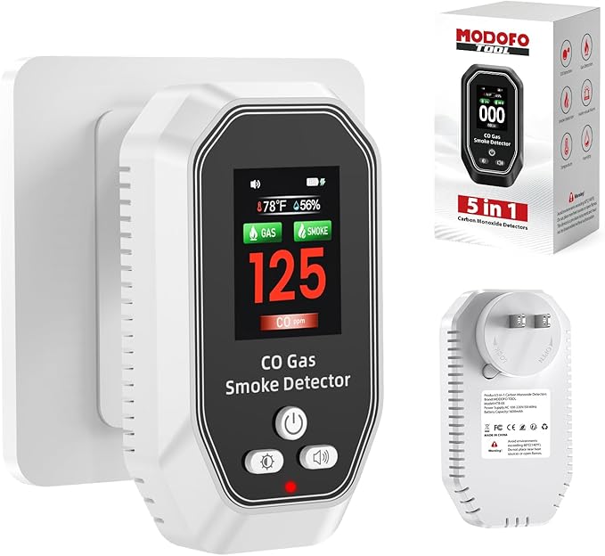 6-in-1 Portable Carbon Monoxide Detectors Plug in, MODOFO TOOL Smoke and Carbon Monoxide Detector with Built-in Battery, Natural Gas Leak Detector, HD Display for CO Gas Smoke Temp Humidity White 2Pcs