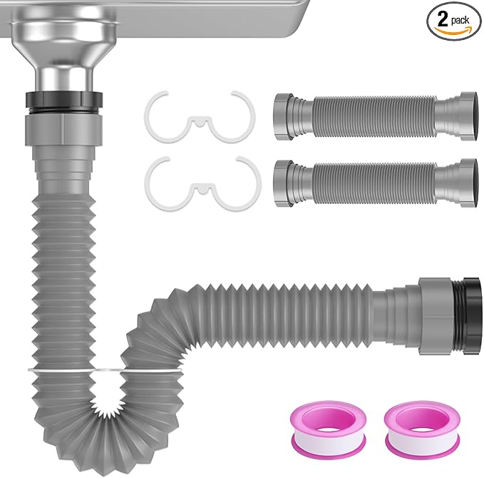 2 Packs Expandable Flexible P-Trap Pipe Kit (1 1/2" or 1 1/4") Single Kitchen Sink Drainage Solution Includes Adapter Seal Ring for Garbage Disposal - Gray