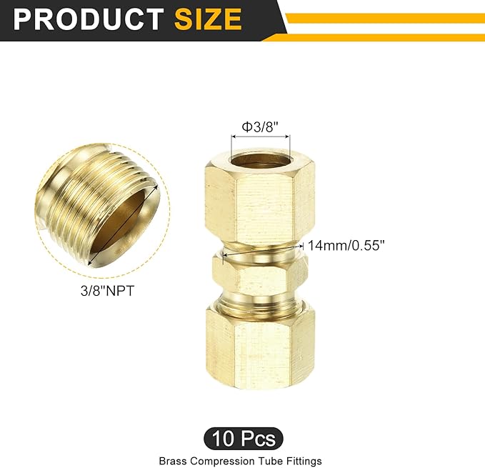 uxcell 5Pcs Brass Compression Tube Fitting, 3/8" Tube OD x 3/8" Tube OD Connector Straight Coupling Adapter Union Fittings