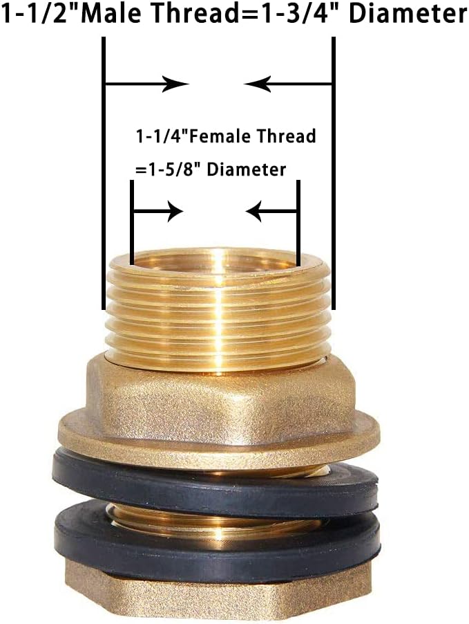 Joywayus 1-1/4" Female 1-1/2" Male Soild Brass Water Tank Connector Bulkhead Tank Fitting With 2 Rubber Ring Stablizing
