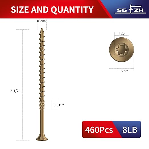 #10 x 3-1/2" Deck Screws (460Pcs) 8lb. Carbon Steel, Yellow, Flat Head, Rust Resistant epoxy Coated, with T25 Star Bit