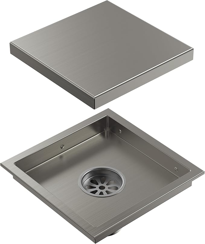 6 Inch Square Shower Floor Drain, Brushed Nickel SUS304 Stainless Steel Grid Grate with X-Shaped High Flow Channel, Anti-Clogging Hair Strainer, Standard 2" Outlet
