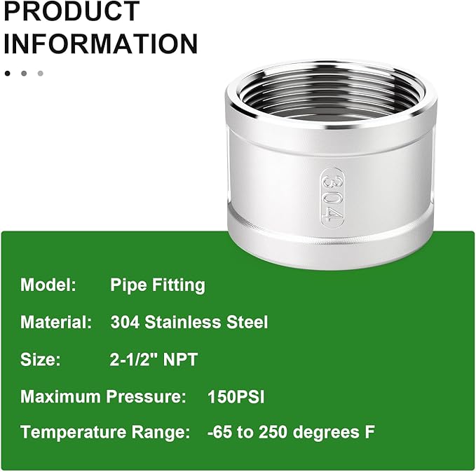 TAISHER 1PCS 304 Stainless Steel Cast Pipe Fitting, Coupling, 2-1/2" NPT Female Threaded