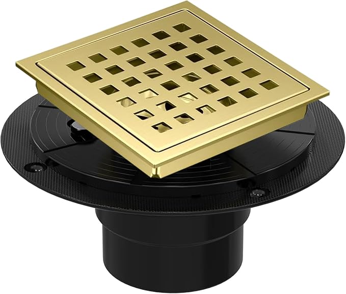 4 Inch Square Shower Floor Drain, Shower Drain Kit with Flange, Square Shower Drain, SUS 304 Stainless Steel Floor Drain,Golden
