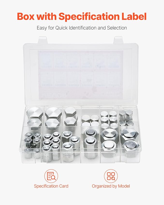 VEVOR 72 PCS ORFS Hydraulic Fittings, O Ring Face Seal Fitting Kit, Hydraulic Hose Tube and Pipe Fittings, Cap and Plug Set for Hydraulics, O Ring Assortment Kit Precision Thread, Sizes 4 6 8 10 12 16