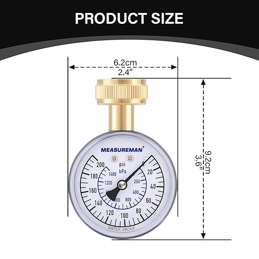 MEASUREMAN Blue 0-200 PSI Water Pressure Gauge, 2-1/2'' Dial, Hose bib Pressure Gauge, Home Water Pressure Tester, Durable 3/4” Hose Thread, Water Pressure Gauge for Home