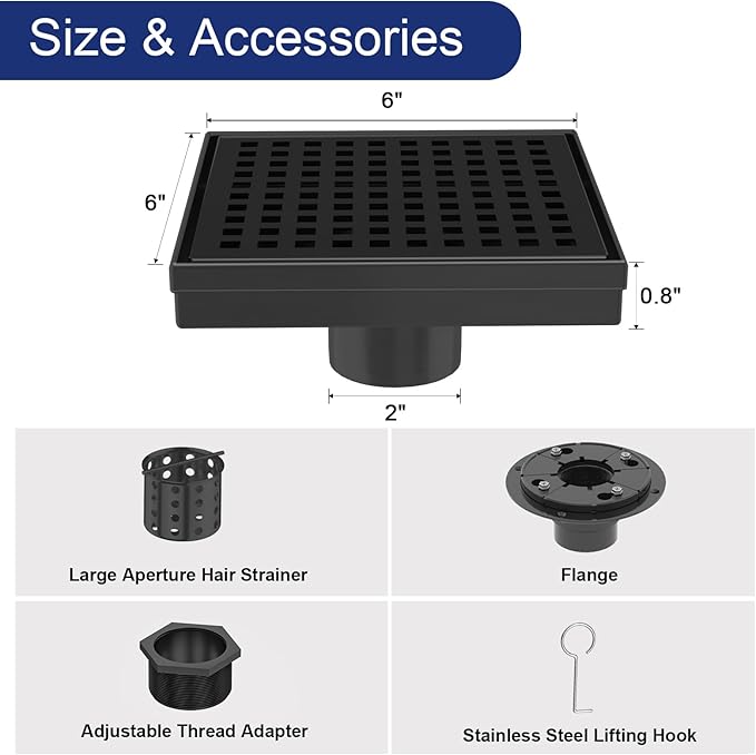 Square Shower Drain | 6 Inch AISI 304 Stainless Steel Shower Drain Kit with ABS Flange, Hair Strainer, Matte Black Shower Floor Drain with Removable Grid Cover, in Bathroom, Kitchen, Balcony etc.