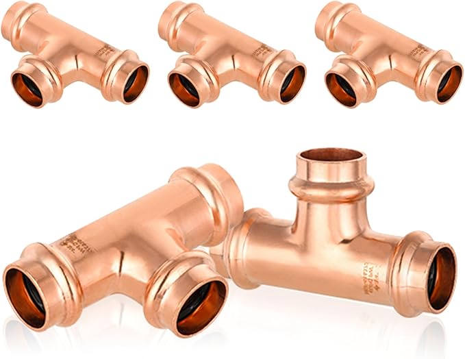 5-Pack GUOFIS Copper Press Tee,3/4" x 3/4"x 3/4" Tee Fittings for Copper Tube Connection with Stop(PRESS016-5PCS)