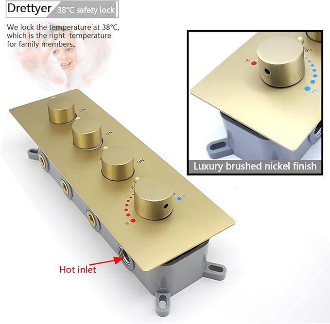 Thermostatic 3 Way Shower Diverter Valve, Modern Bathroom Concealed Brass Mixer Mixing Faucet Valve Kit Single Handle Control Flow Can Use At The Same Time, Brushed Gold