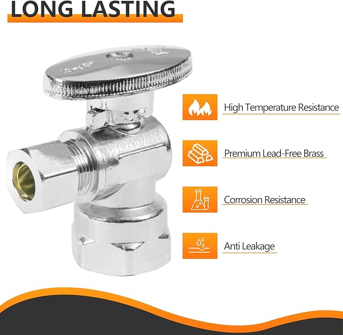 2-PCs HeSun Angle Stop Valve, 1/2" FIP X 3/8" OD Compression, 1/4 Turn Shut Off Valve, Chrome Plated Brass(VALVE054)