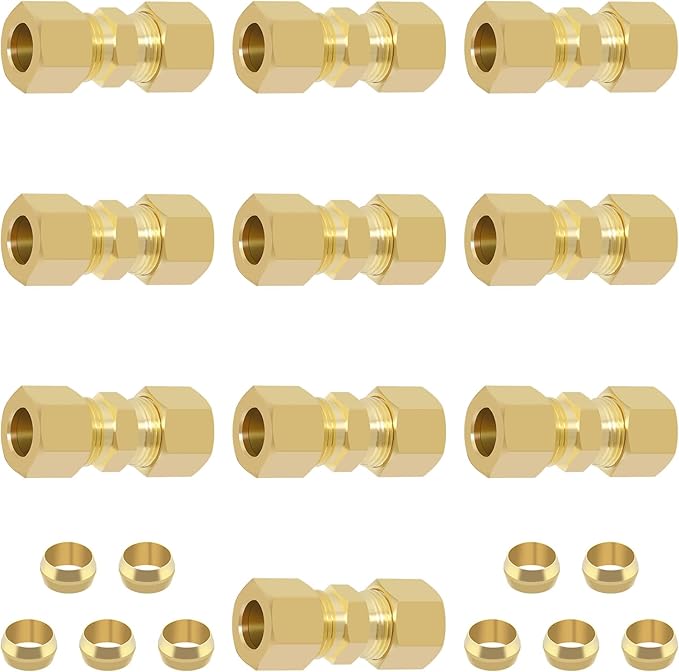 Brass Compression Tube Fitting, 10 PCS 3/8" OD Compression Union Connectors & 10 PCS Compression Sleeves Ferrules