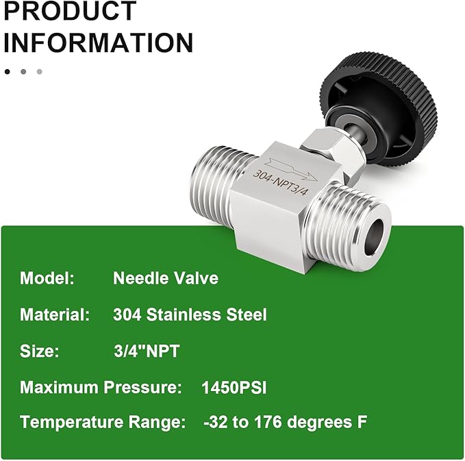 TAISHER 1PCS 304 Stainless Steel Straight Needle Valve 3/4" NPT Male For Flow Control Water Gas Oil