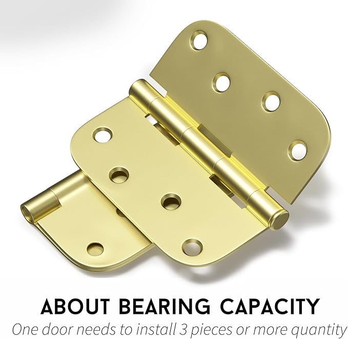 goldenwarm 3 Pack Satin Brass Residential Heavy Duty Iron Door Hinges, 4 Inch x 4 Inch Interior and Exterior Gold Door Hinges with 5/8" Radius Corners