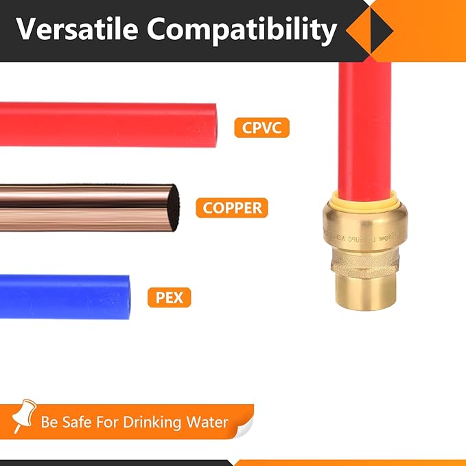 10-Pack HeSun Pushfit Female Adapter, 1/2" FNPT x 3/4" Push to Connect Plumbing Fittings with Disconnect Clip, Brass Push-fit Fittings for PEX, Copper, CPVC, PE-RT Pipes(PF133-10)