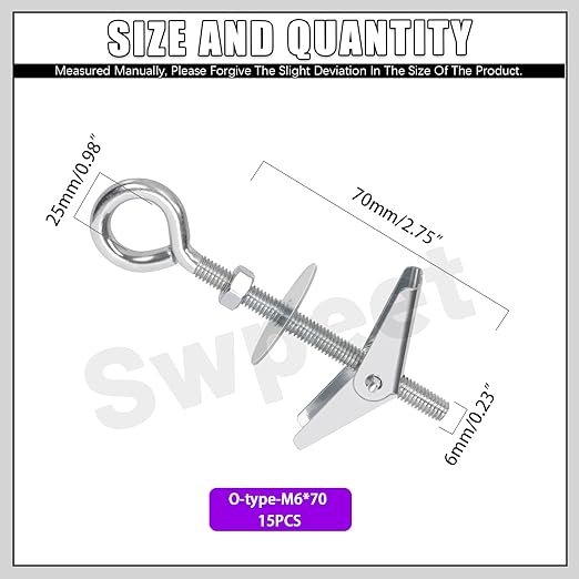 Swpeet 15 Set M6×70mm Eye Bolt Toggle Bolts and Wing Nut Kit with Hex Nuts, Washers Assortment Kit, Heavy Duty Butterfly Toggle Anchors Swag Hooks for Hanging Heavy Items on Drywall