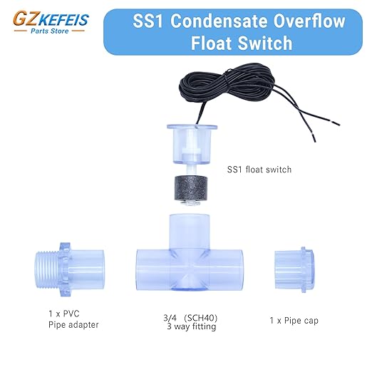 SS1 Condensate Overflow Float Switch for HVAC Systems, Upgraded Transparent Blue PVC with 3/4 Inch Adaptor and 6FT Wire