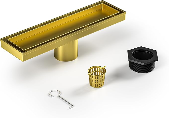 Linear Shower Drain 12", Brushed Gold Floor Drain with Tiled Insert Grate & Hair Strainer, 304 Stainless Steel Bathroom 2-in-1 Tiled in Drain, CUPC Certified (Brushed Gold, 12'')