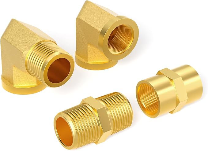 GASHER 8PCS 3/8 Inch NPT Brass Pipe Fittings, Hex Nipple, Hex Coupling, 90 Degree Barstock Street Elbow Air Hose Fittings