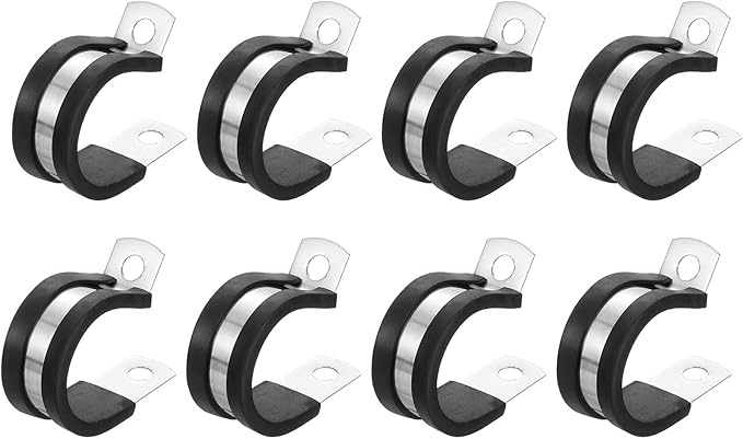 uxcell 1"(24mm) Cable Clamp, 304 Stainless Steel Rubber Cushioned Insulated Clamp R Shape Metal Clamp Tube Holder for Pipe Hose Wire Cord Installation 8Pcs