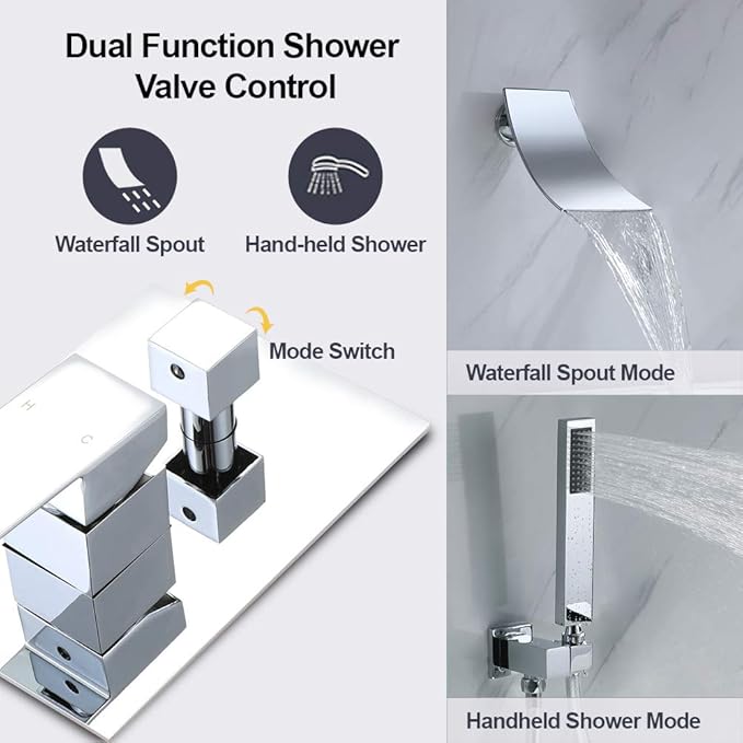 Wall Mount Bathtub Faucet with Handheld Shower, Chrome Single Handle Bathroom Waterfall Tub Filler Solid Brass Tub Shower Faucet Set Rough-in Valve Trim Kit