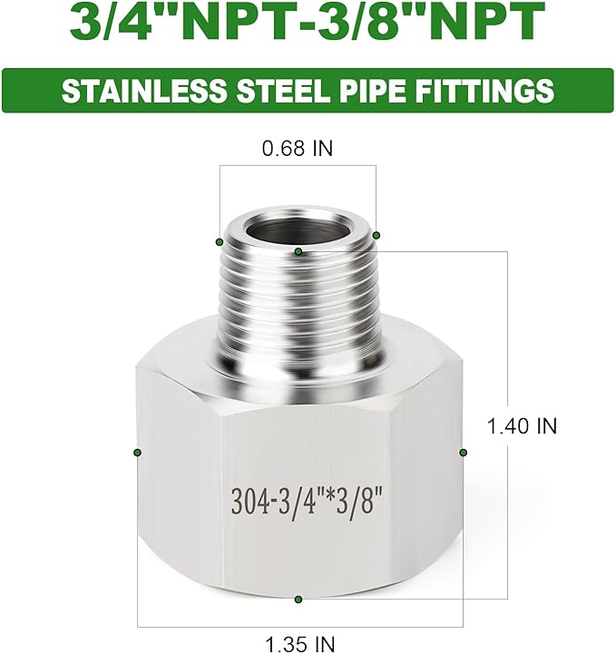 TAISHER 5PCS 304 Stainless Steel Pipe Fitting, Reducer Adapter, 3/8" NPT Male x 3/4" NPT Female