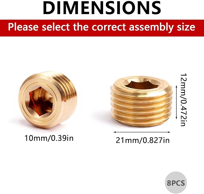 8PCS Brass Pipe Plug Fitting 1/2" NPT Male Plug Hex Counter Sunk Plugs,Internal Hex Thread Socket Pipe Plugs Kit