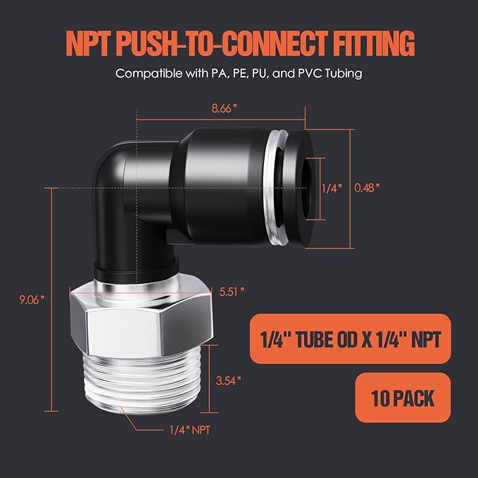1/4"OD x 1/4"NPT Thread Push to Connect Fittings – Air Line Elbow Connectors, Quick Connect Pneumatic Fittings, Push Lock Air Hose Fittings for Compressor, Air Tools & Tubing (10 PCS)