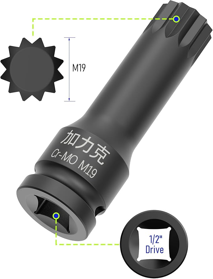 1/2-Inch Drive x M19(19mm） Impact XZN Triple Square Spline Bit Socket, Metric Lengthen Screwdriver Socket Adapter, 3-Inch Length, CR-MO Steel, One-Piece Construction, Black