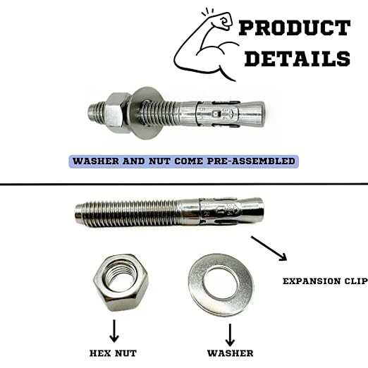 Wedge Anchors – Heavy-Duty 304 Stainless Steel Expansion Bolts for Concrete & Masonry, Rust-Resistant & Durable - 5/8" X 4-1/4" - 10 Pack