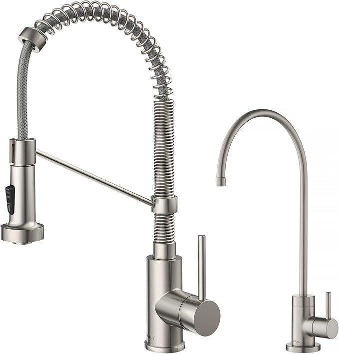 KRAUS Bolden Commercial Style Pull-Down Kitchen Faucet and Purita Water Filter Faucet Combo in Spot Free Stainless Steel, KPF-1610-FF-100SFS