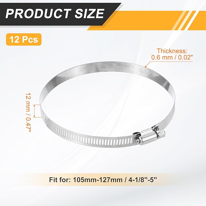 HARFINGTON 12 Pcs Hose Clamp 4-1/8"-5" (105-127mm) 304 Stainless Steel Adjustable Worm Gear Hose Clamp Assortment Kit for Fuel Line Pipe Plumbing Automotive Tube Mechanical