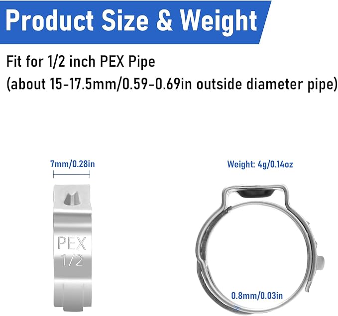 Kodilin 140-Pack 1/2 Pex Crimp Ring, Heavy-Duty 304 Stainless Steel Single Ear Pex Clamps Wider & Thicker Pex Cinch Clamps for Superior Grip & 360° Seal, Fits PEX Tubing Pipe Fitting Connections