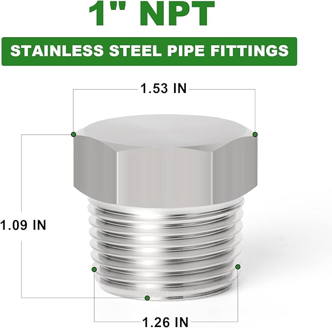 TAISHER 2PCS Stainless Steel Outer Hex Thread Socket Pipe Plug Fitting 1" NPT Male