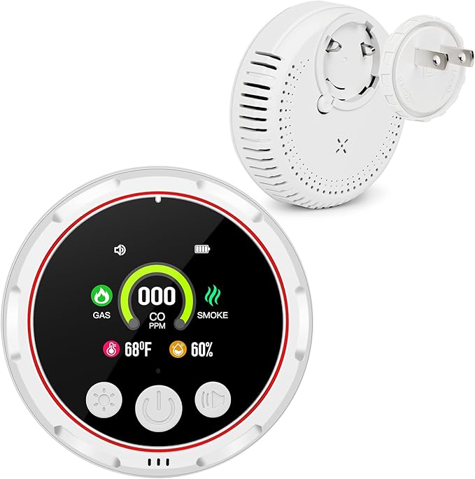 Carbon Monoxide Detectors, 5-in-1 Plug in Natural Gas & Smoke Detector, CO Methane Propane Combustible Combination Gas Alarm with Temp Humidity Sensor HD Screen for RV Home Travel Kitchen White 1 Pack