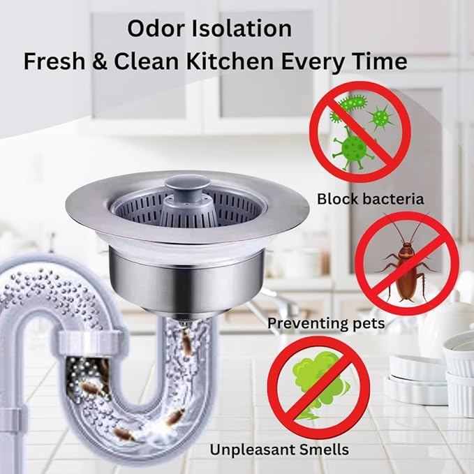 Upgraded 3in1 Kitchen Sink Drain Strainer & Sink Stopper, Stainless Steel Kitchen Drain Plug & Sink Installation Parts with Anti-Clogging Basket, Fit US Standard 3-1/2.8'' Sink Drain Hole