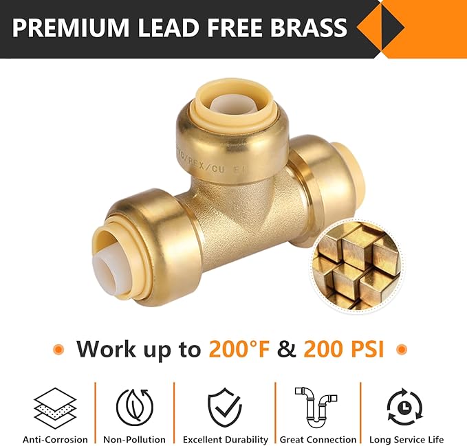 HeSun 100-Pack Pushfit Tee, 1/2"x1/2"x1/2" Push to Connect Plumbing Fittings with Disconnect Clip, Brass Push-fit Fittings for PEX, Copper, CPVC, PE-RT Pipes