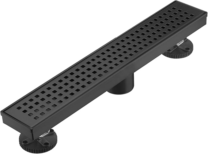 Linear Shower Floor Drain, Matte Black 18 Inch 304 Stainless Steel Bathroom Drains Kit, Long Rectangular Shower Trench Drain with Square Pattern Drain Cover & Hair Catcher