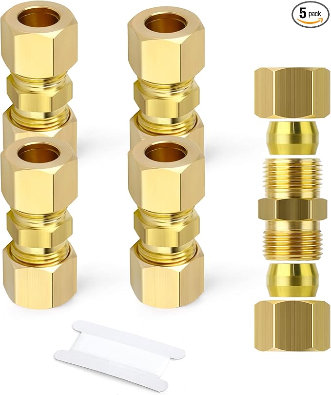GASHER 5PCS Brass Compression Tube Pipe Fitting Connector, 1/2" Tube OD x 1/2" Tube OD Connector